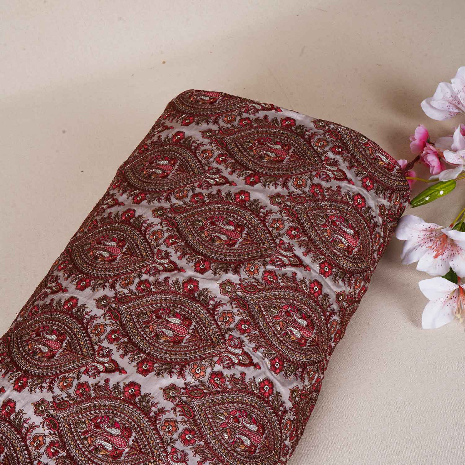 Beige Kashmiri Embroidery Raw Silk Fabric DR-28024 - TradeUNO