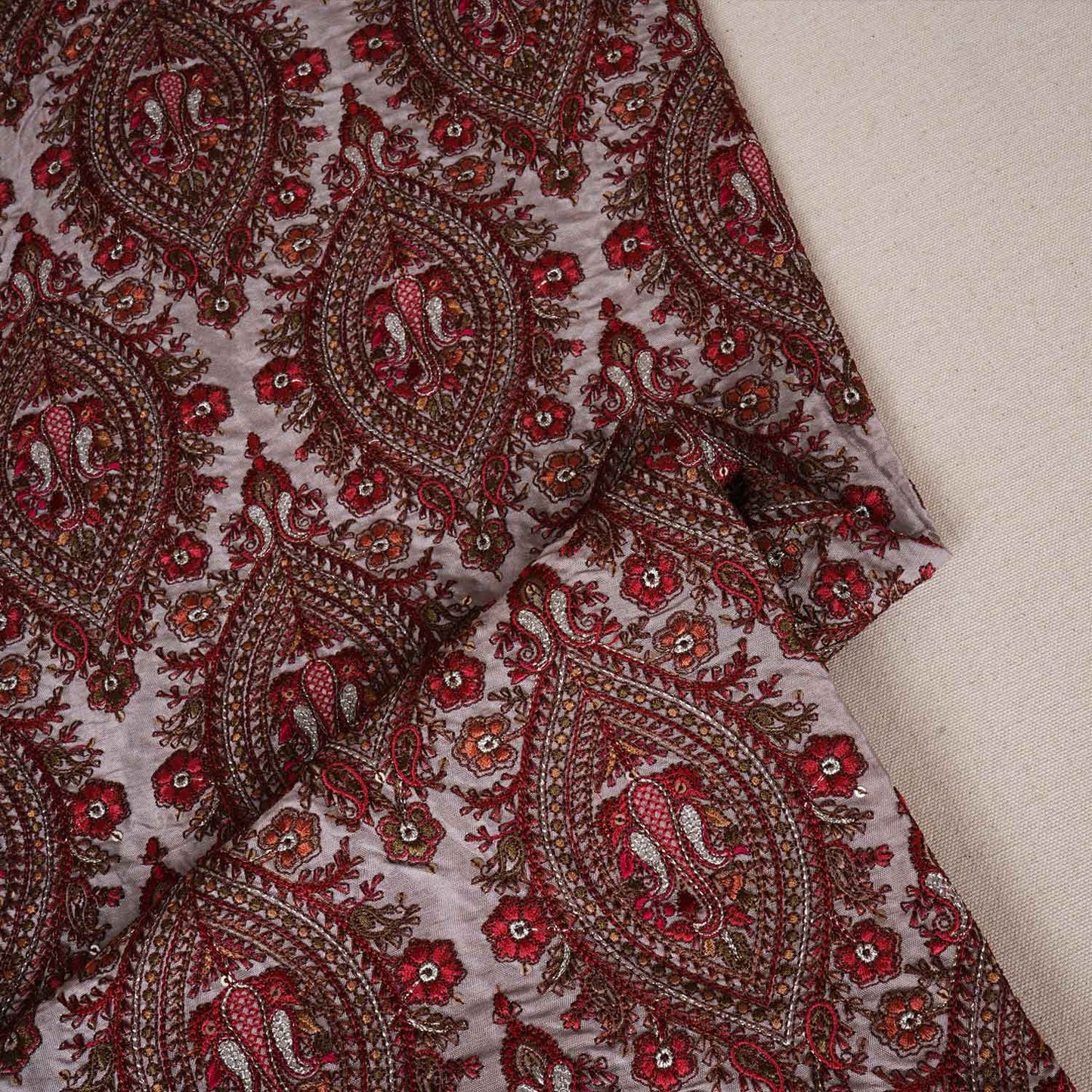 Beige Kashmiri Embroidery Raw Silk Fabric DRAJ-28024