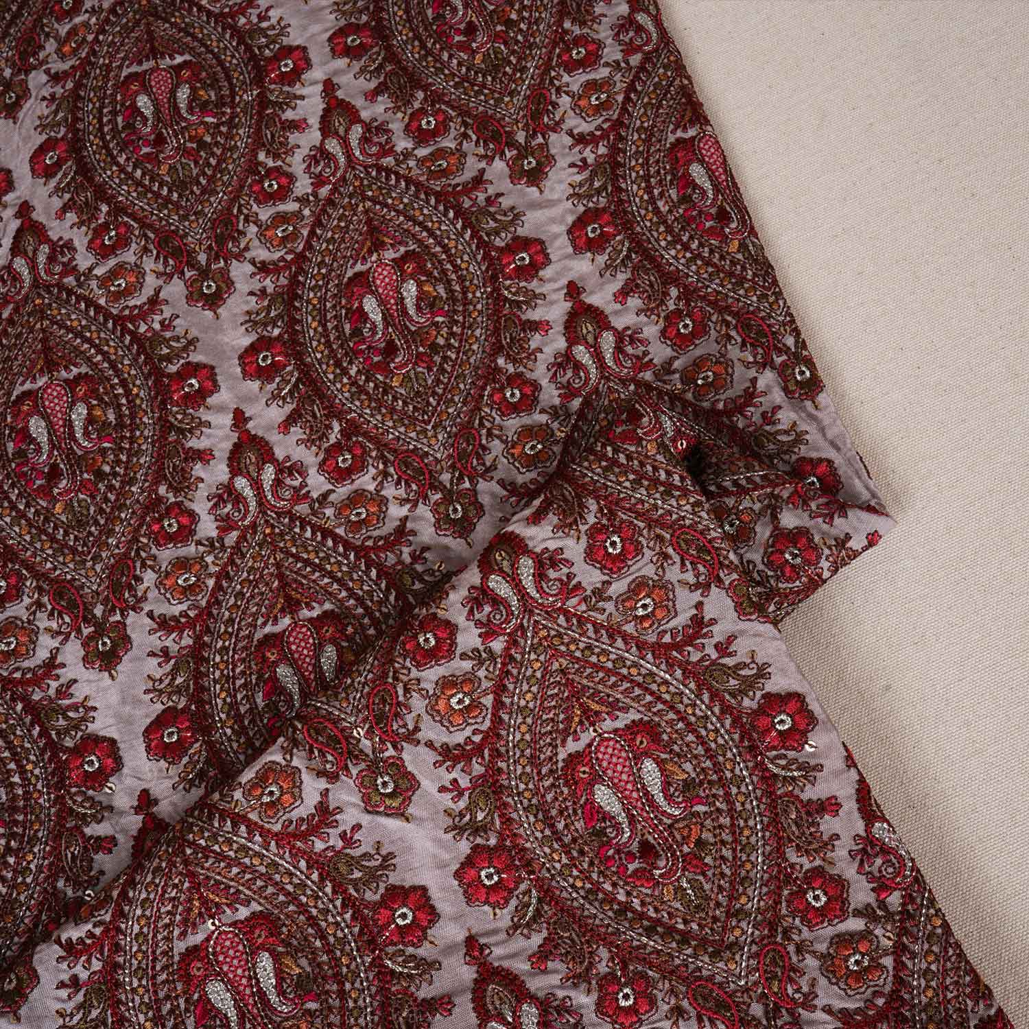 Beige Kashmiri Embroidery Raw Silk Fabric DR-28024 - TradeUNO