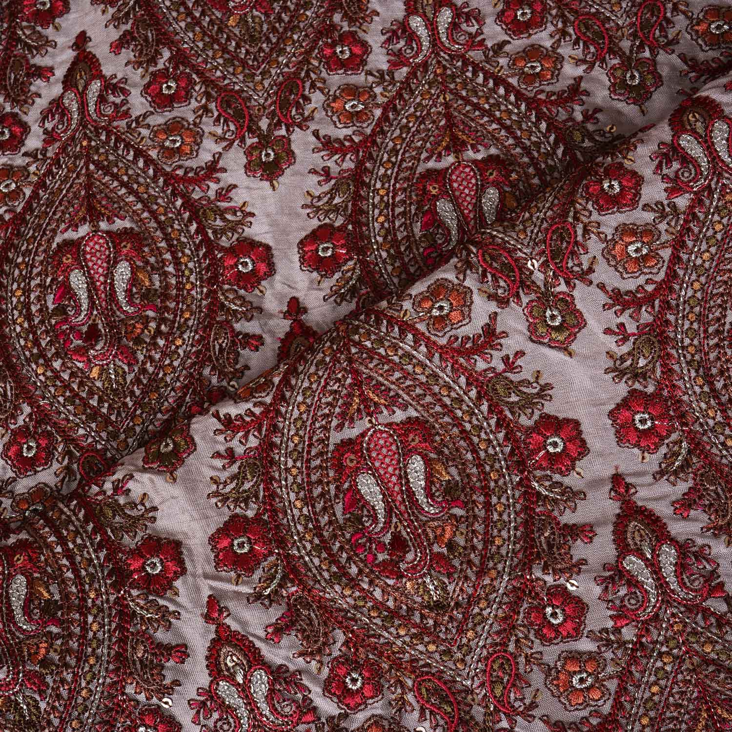 Beige Kashmiri Embroidery Raw Silk Fabric DR-28024 - TradeUNO