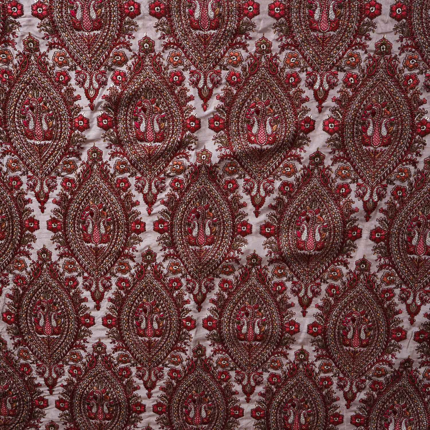 Beige Kashmiri Embroidery Raw Silk Fabric DR-28024 - TradeUNO