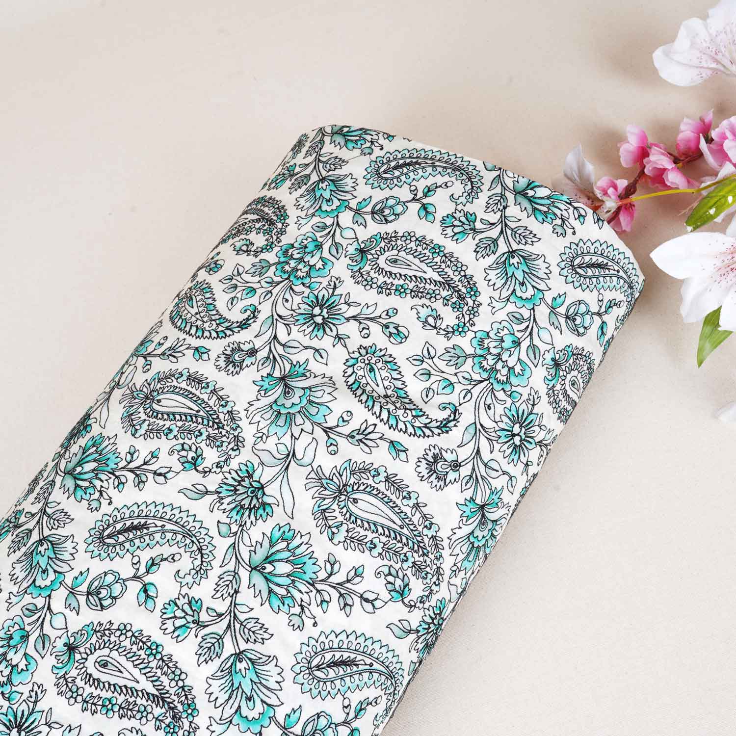 Light Pista Kashmiri Embroidery Raw Silk Fabric DR-28025 - TradeUNO