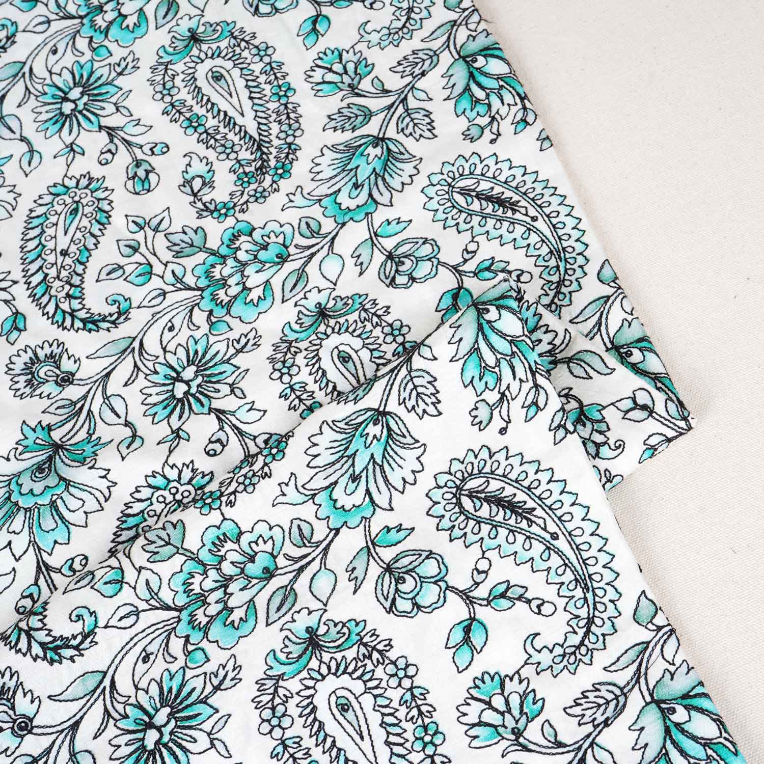 Light Pista Kashmiri Embroidery Raw Silk Fabric DR-28025 - TradeUNO