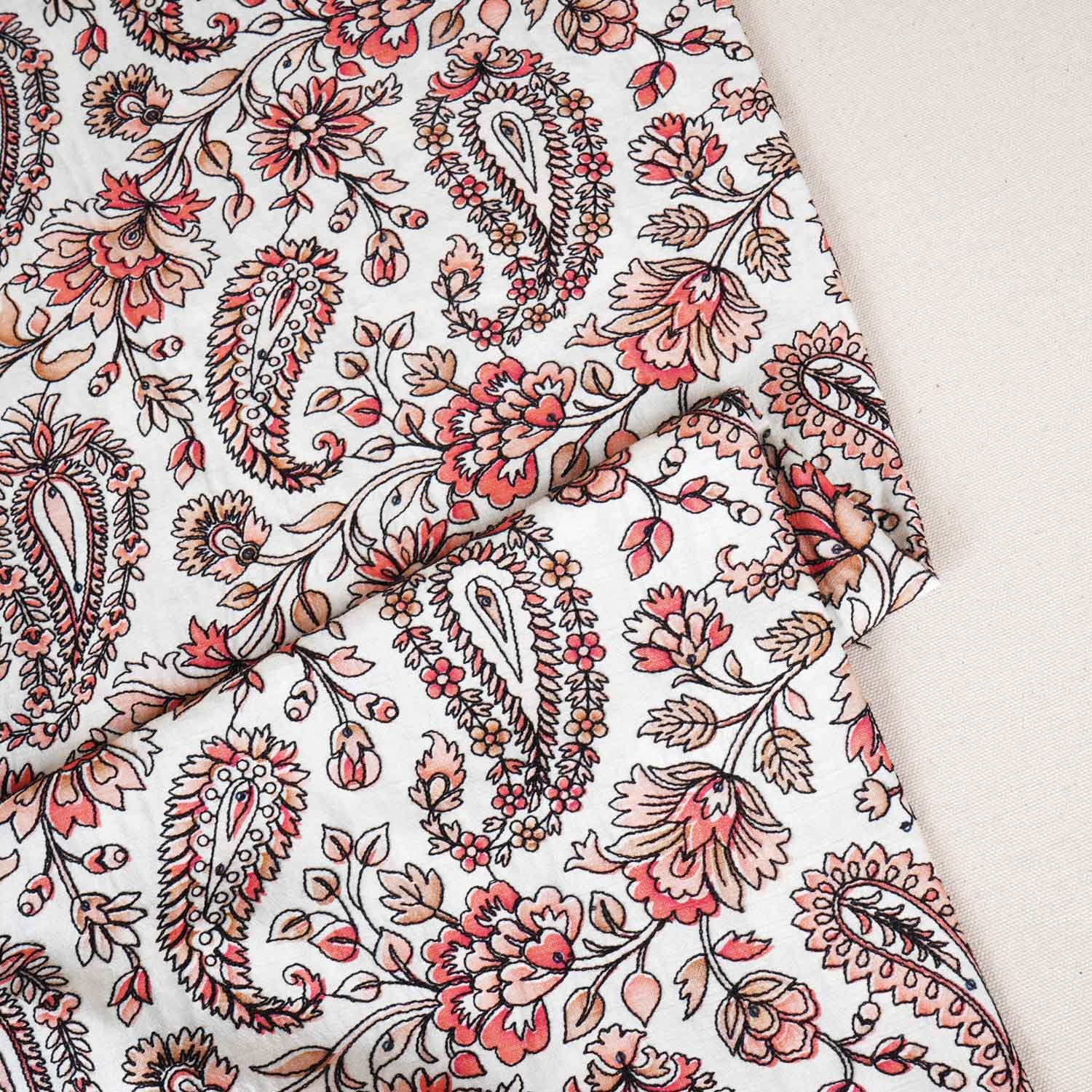 Light Peach Kashmiri Embroidery Raw Silk Fabric DR-28026 - TradeUNO
