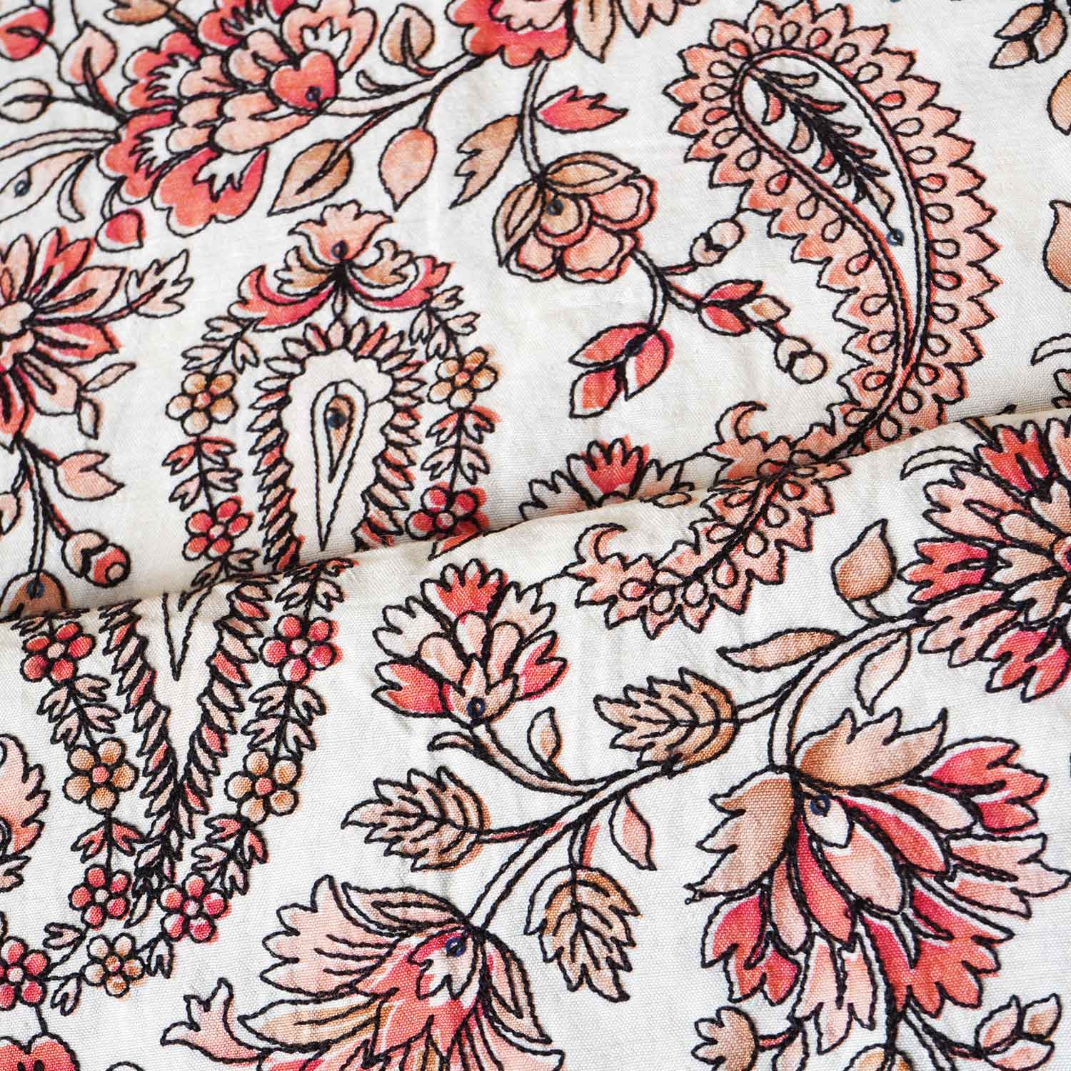 Light Peach Kashmiri Embroidery Raw Silk Fabric DR-28026 - TradeUNO