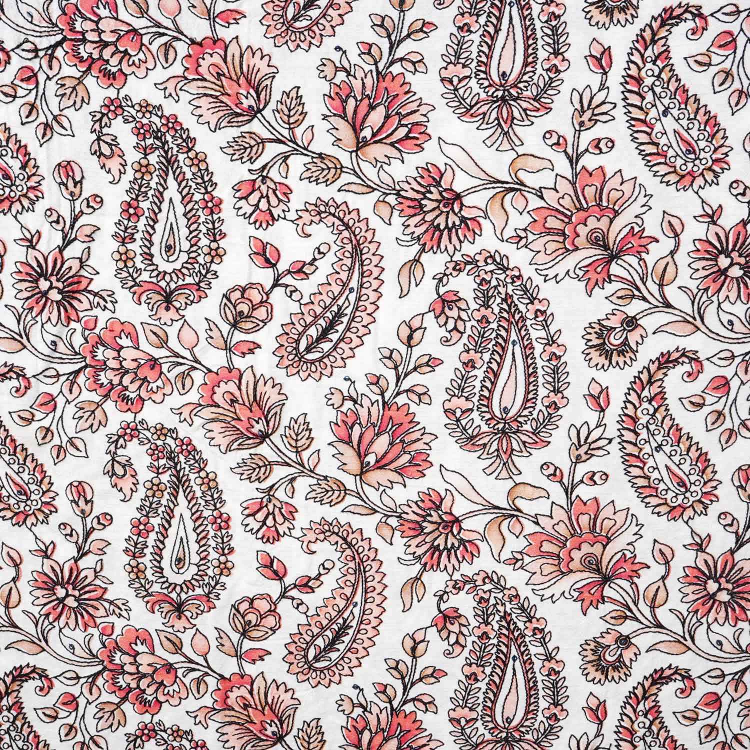 Light Peach Kashmiri Embroidery Raw Silk Fabric DR-28026 - TradeUNO