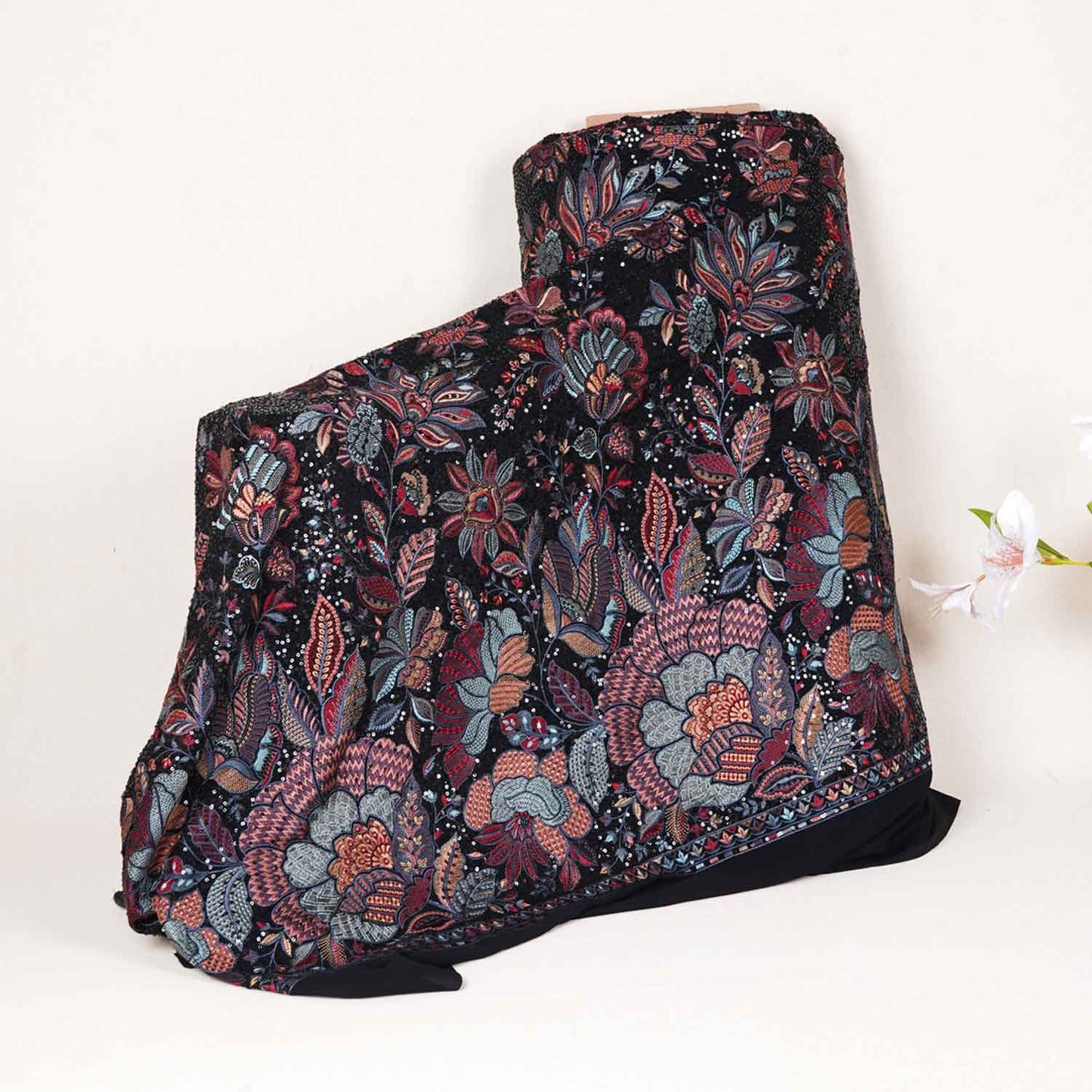 Black Floral Thread Embroidery Georgette Fabric DRAJ-28027