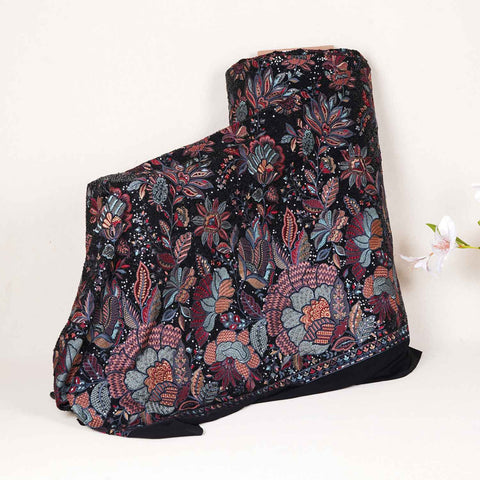 Black Floral Thread Embroidery Georgette Fabric DR-28027