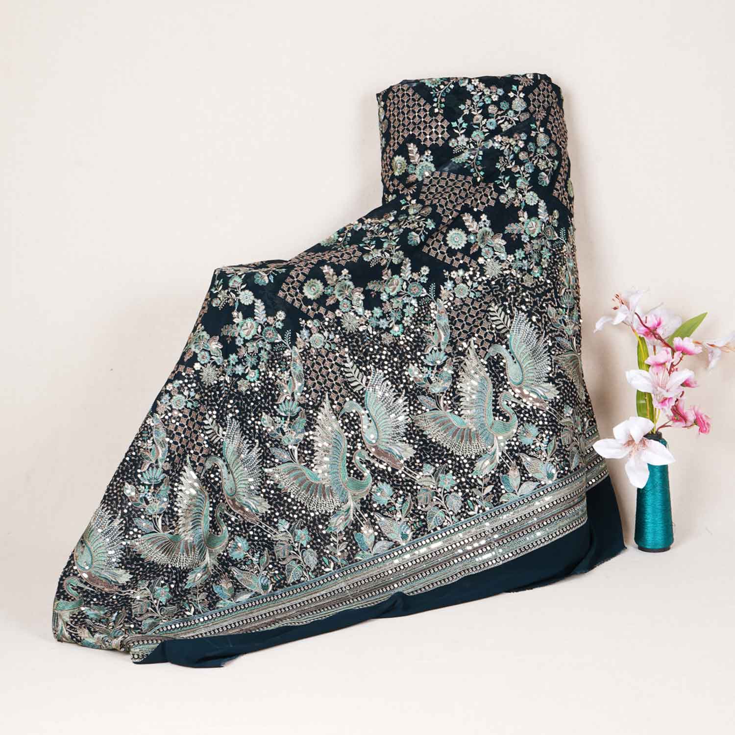 Dark Green Parsi Gara Embroidery Georgette Fabric DR-28030 - TradeUNO