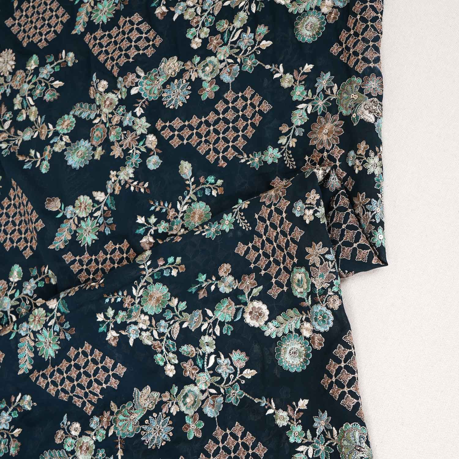 Dark Green Parsi Gara Embroidery Georgette Fabric DR-28030 - TradeUNO