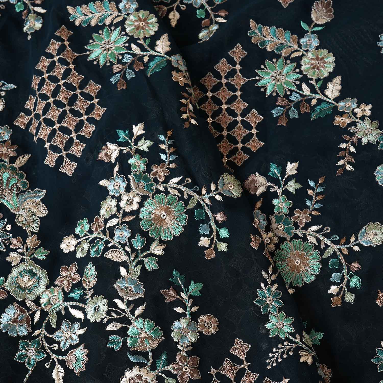 Dark Green Parsi Gara Embroidery Georgette Fabric DR-28030 - TradeUNO