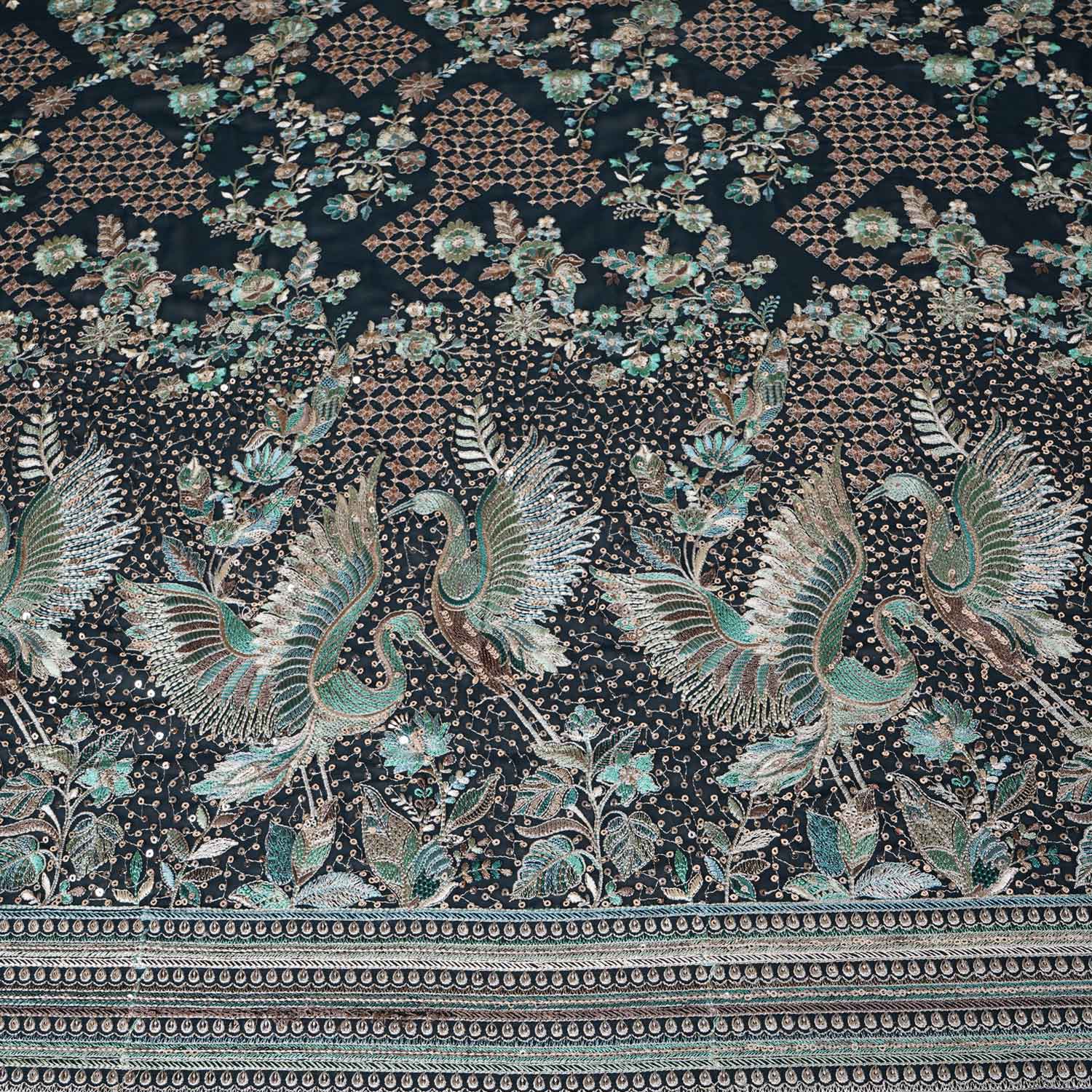 Dark Green Parsi Gara Embroidery Georgette Fabric DR-28030 - TradeUNO