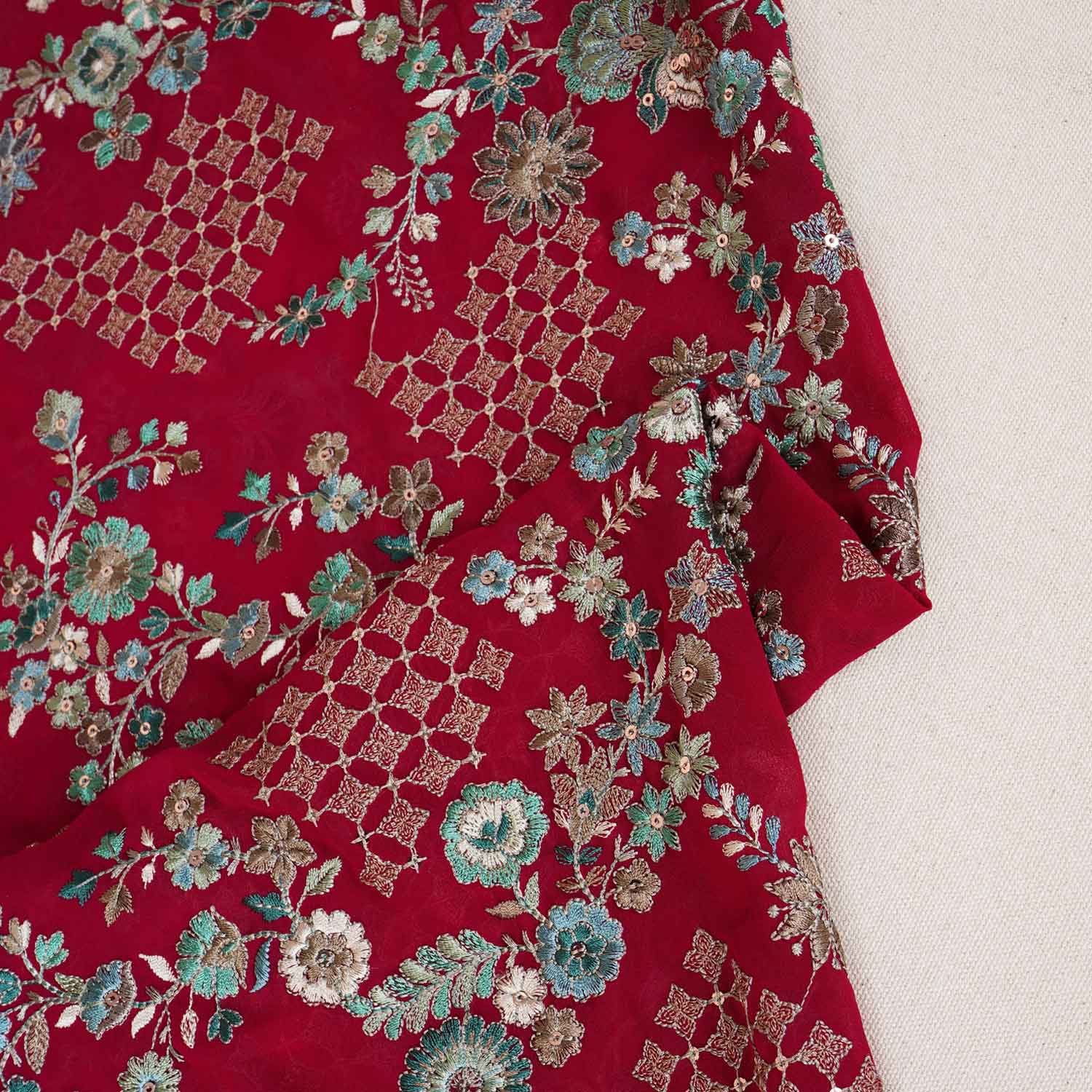 Magenta Parsi Gara Embroidery Georgette Fabric DR-28031 - TradeUNO