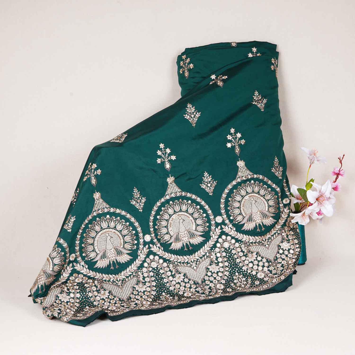 Green Parsi thread Embroidery Russian Silk Fabric DR-28032 - TradeUNO