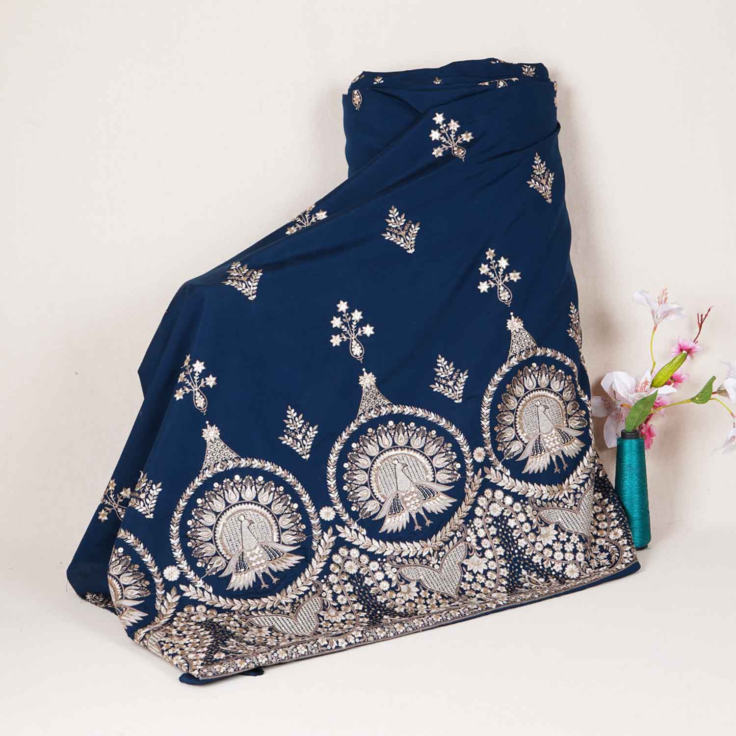 Blue Parsi thread Embroidery Russian Silk Fabric DR-28033 - TradeUNO