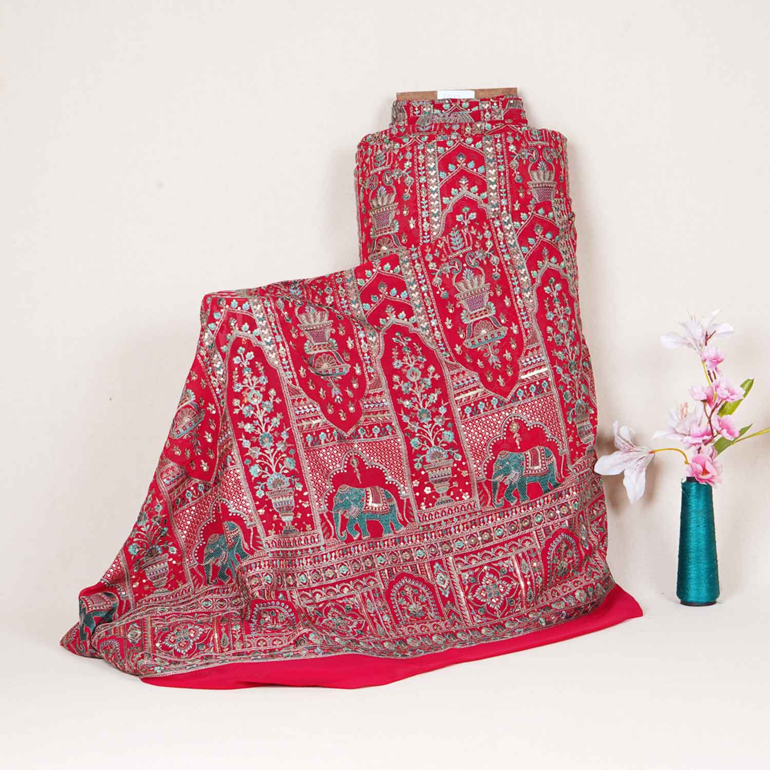 Magenta Traditional Zari Embroidery Georgette Fabric DR-28034 - TradeUNO