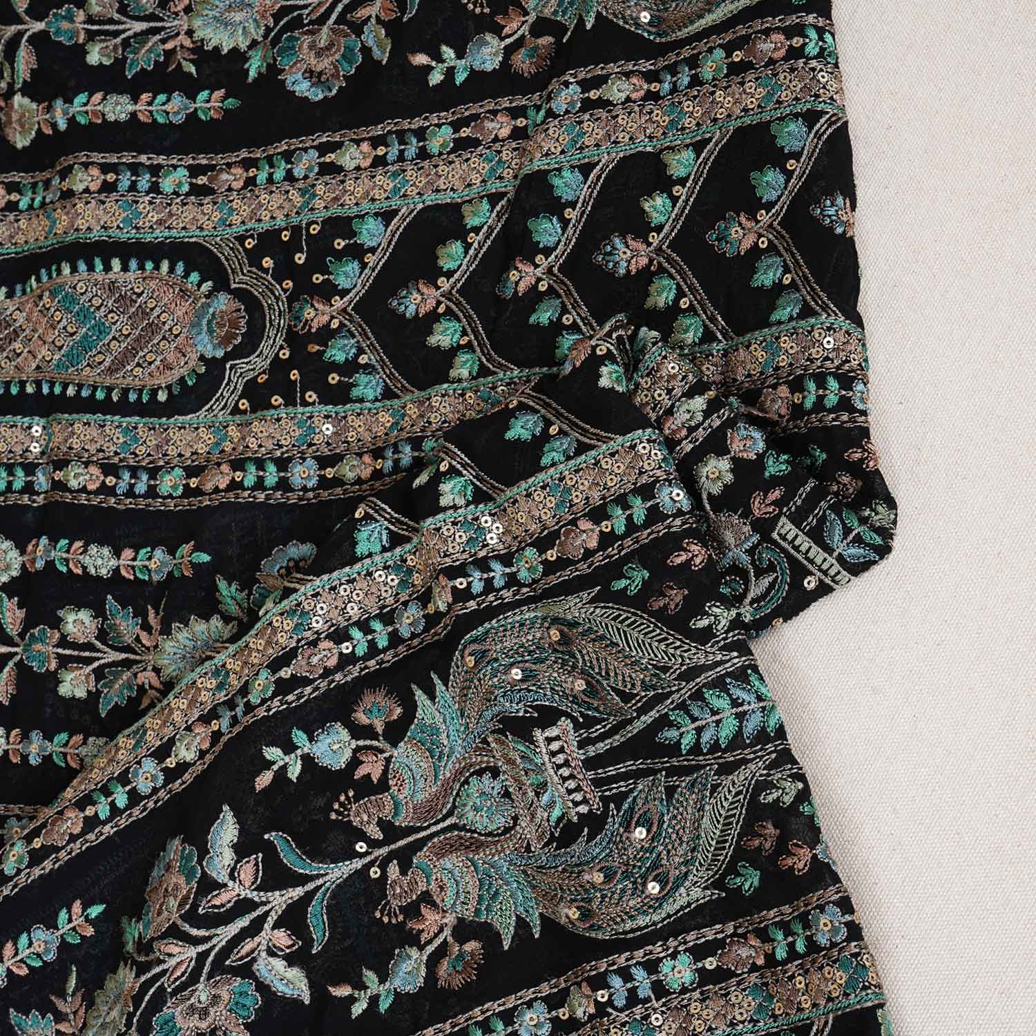 Black Traditional Zari Embroidery Georgette Fabric DR-28035 - TradeUNO