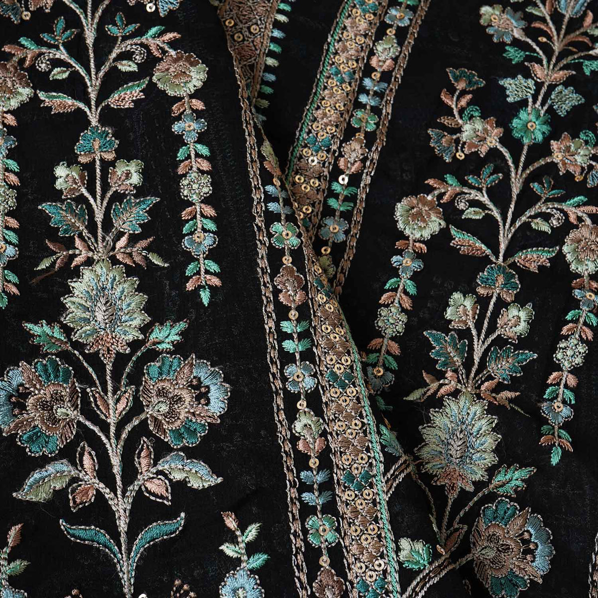 Black Traditional Zari Embroidery Georgette Fabric DR-28035 - TradeUNO