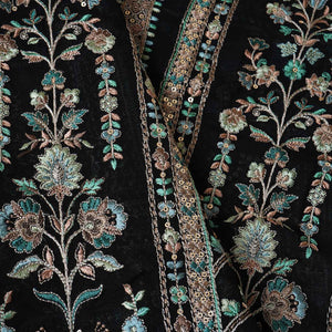 Black Traditional Zari Embroidery Georgette Fabric DR-28035 - TradeUNO