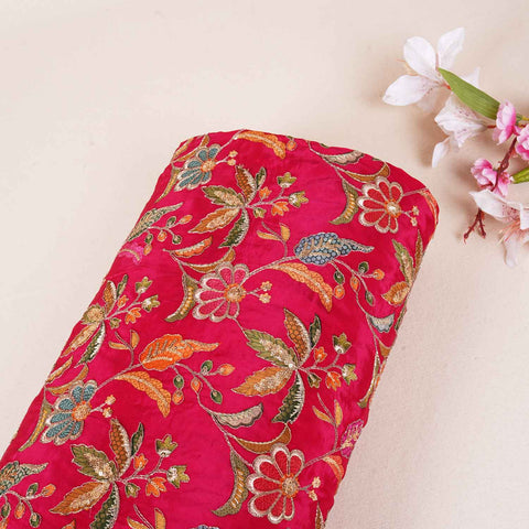 Magenta Pink Floral Position Zari Embroidery Crepe Fabric VC-28036