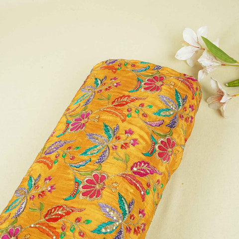 Mustard Floral Position Zari Embroidery Crepe Fabric VC-28037