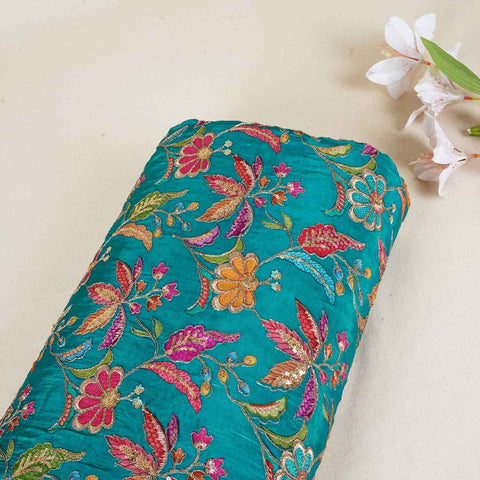 Teal Green Floral Position Zari Embroidery Crepe Fabric VC-28038