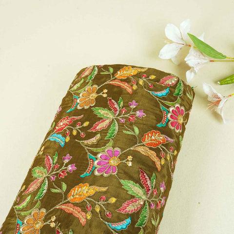 Mehndi Green Floral Position Zari Embroidery Crepe Fabric VC-28039