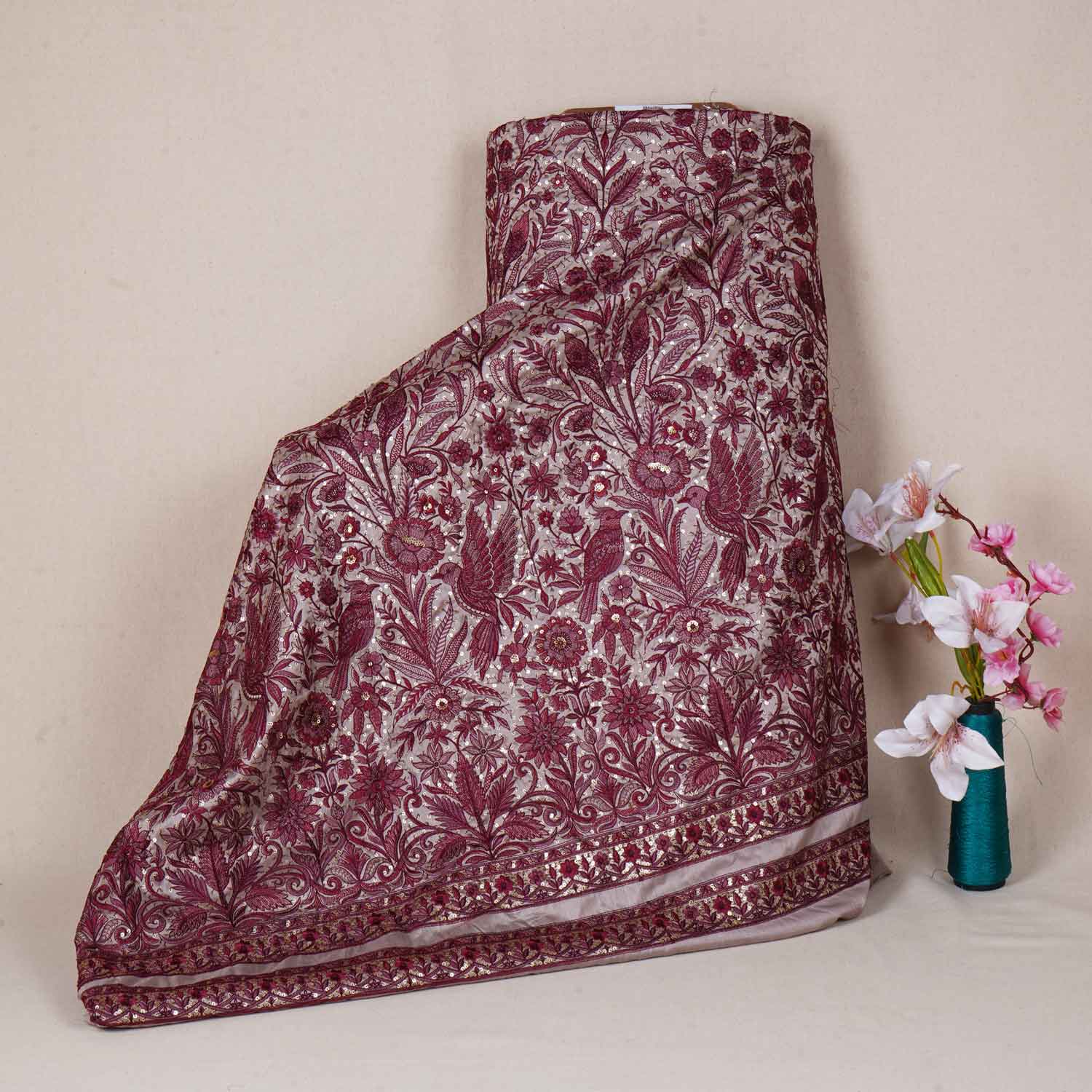 Beige & Pink Parsi gara embroidery Raw Silk Fabric DR-28041 - TradeUNO