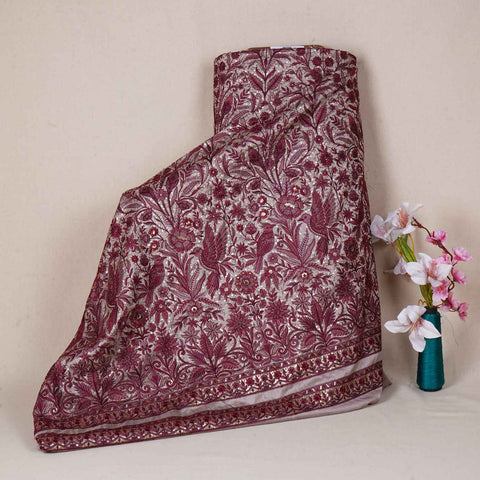 Beige & Pink Parsi gara embroidery Raw Silk Fabric DR-28041