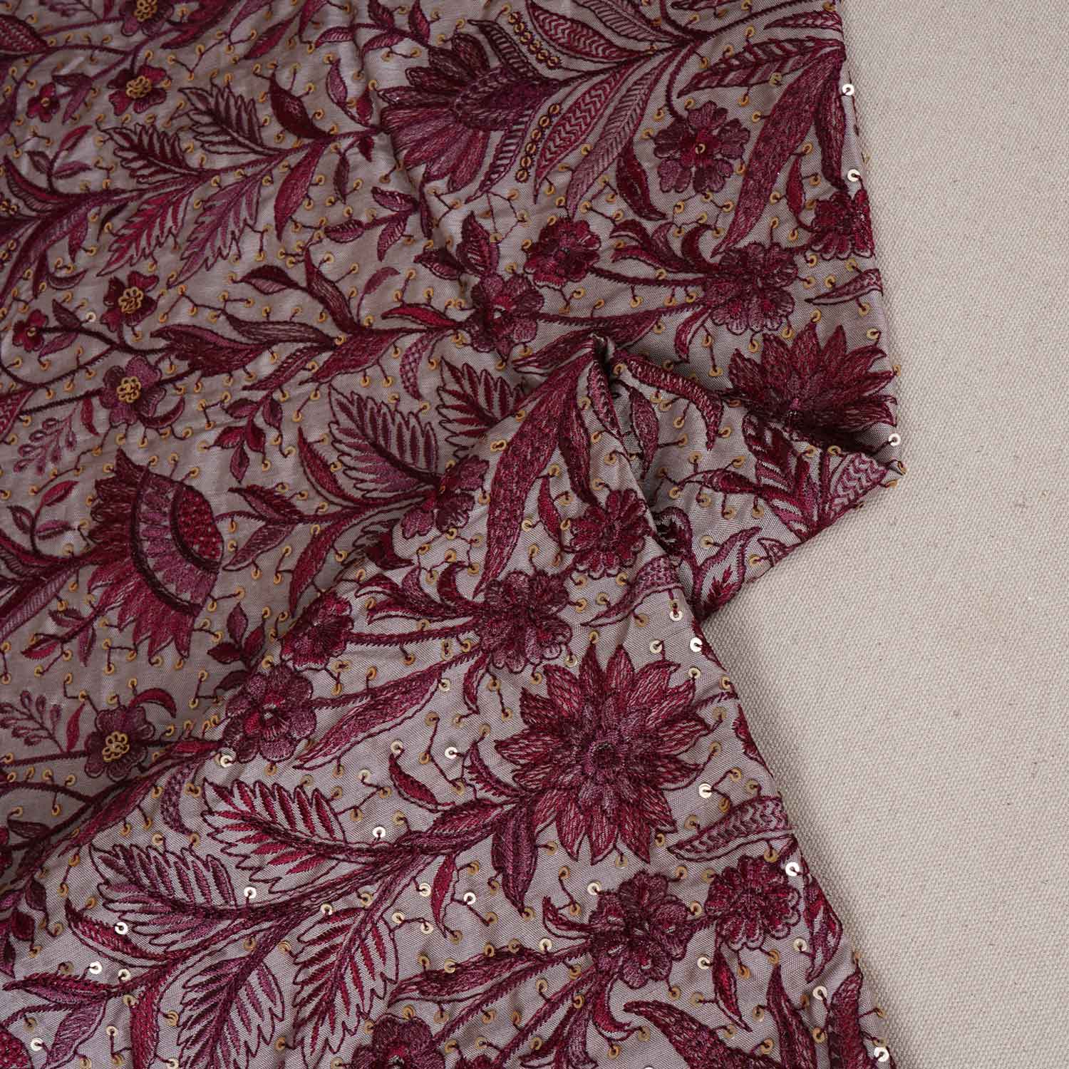 Beige & Pink Parsi gara embroidery Raw Silk Fabric DR-28041 - TradeUNO