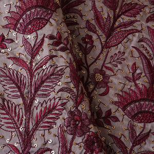 Beige & Pink Parsi gara embroidery Raw Silk Fabric DR-28041 - TradeUNO