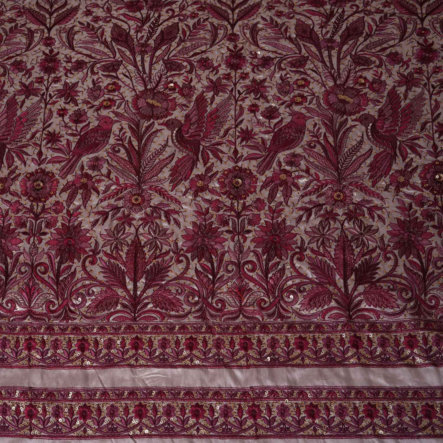 Beige & Pink Parsi gara embroidery Raw Silk Fabric DR-28041 - TradeUNO