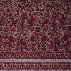 Beige & Pink Parsi gara embroidery Raw Silk Fabric DR-28041 - TradeUNO