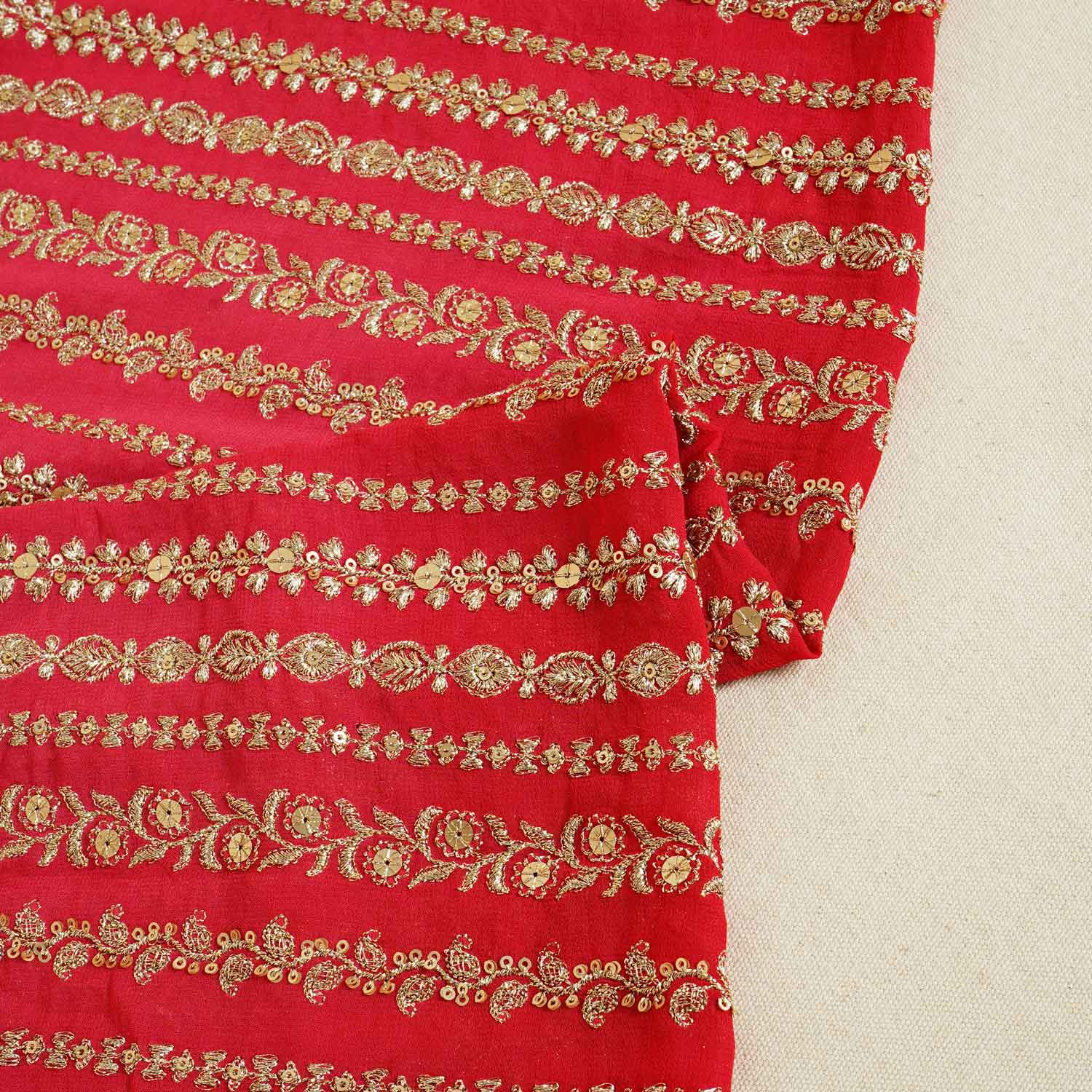 Red Shaded Sabyasachi Zari Embroidery Georgette Fabric DR-28083 - TradeUNO