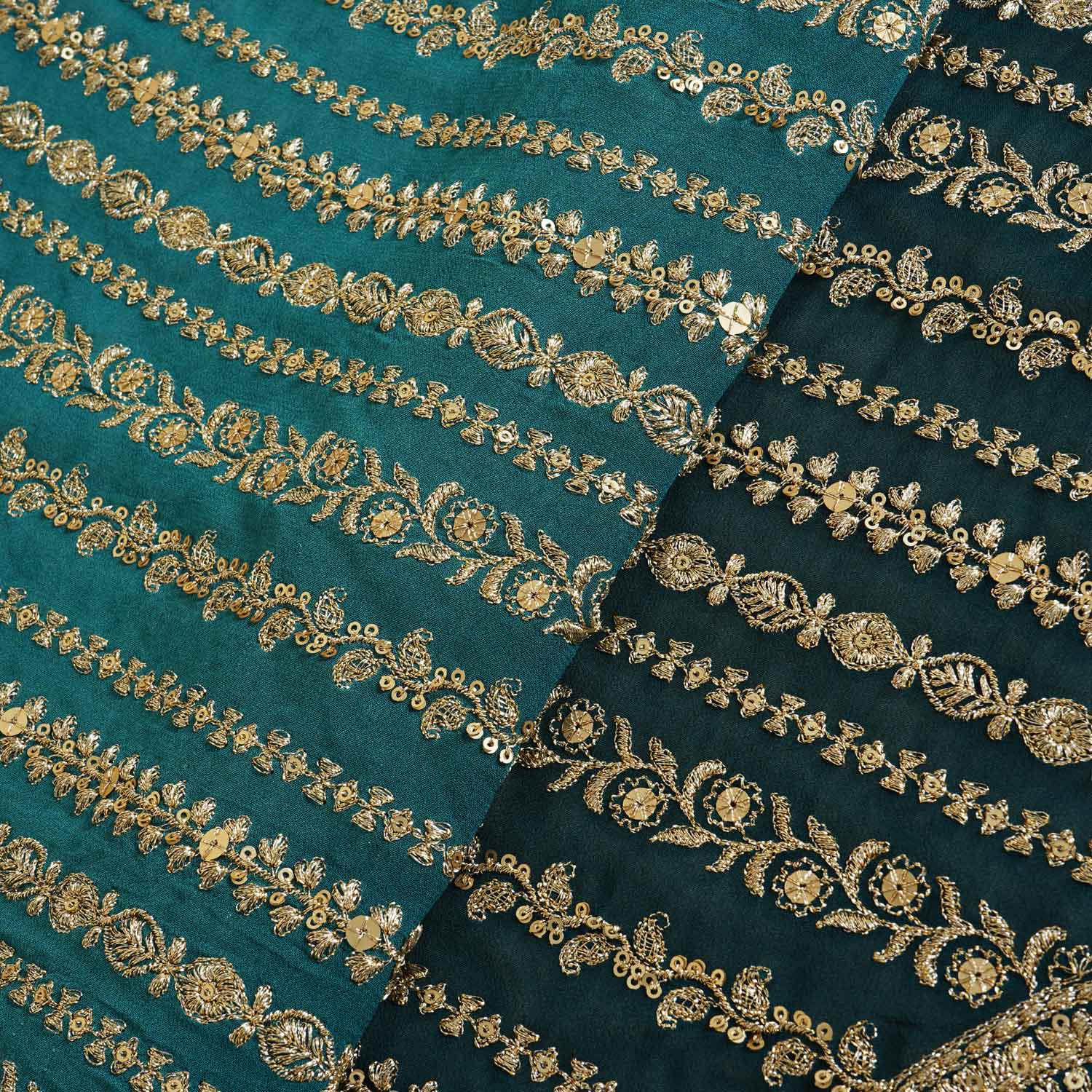 Teal Green Shaded Sabyasachi Zari Embroidery Georgette Fabric DR-28084 - TradeUNO