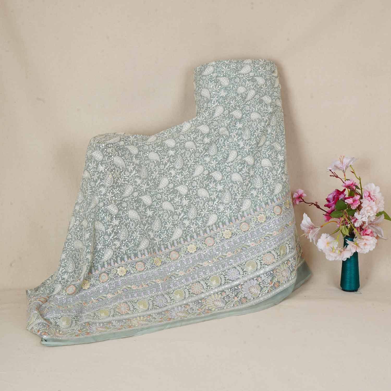 Sea Green Floral Thread Sequins Embroidery Chikankari Georgette Fabric DR-28281 - TradeUNO