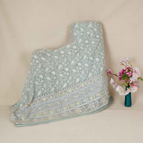 Sea Green Floral Thread Sequins Embroidery Chikankari Georgette Fabric DR-28281