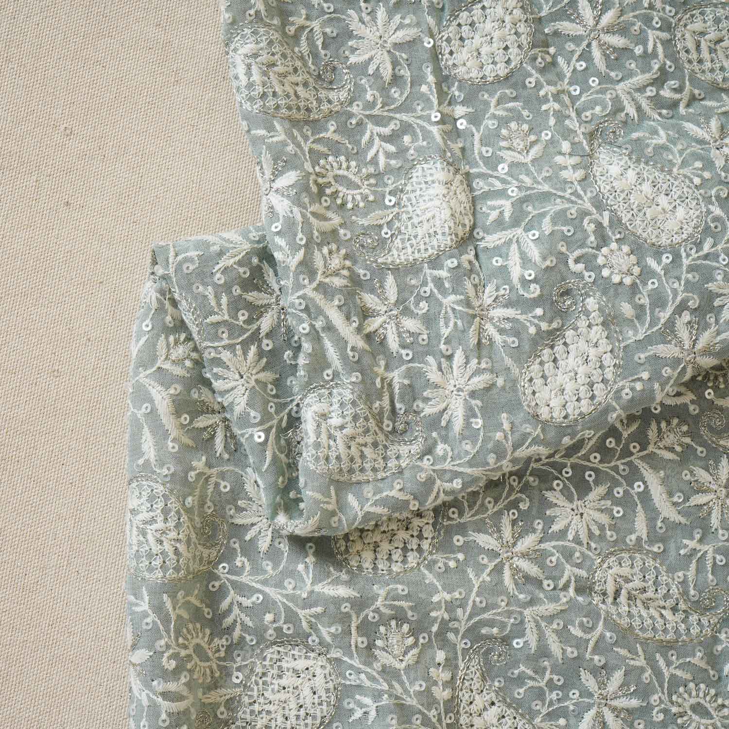 Sea Green Floral Thread Sequins Embroidery Chikankari Georgette Fabric DR-28281 - TradeUNO