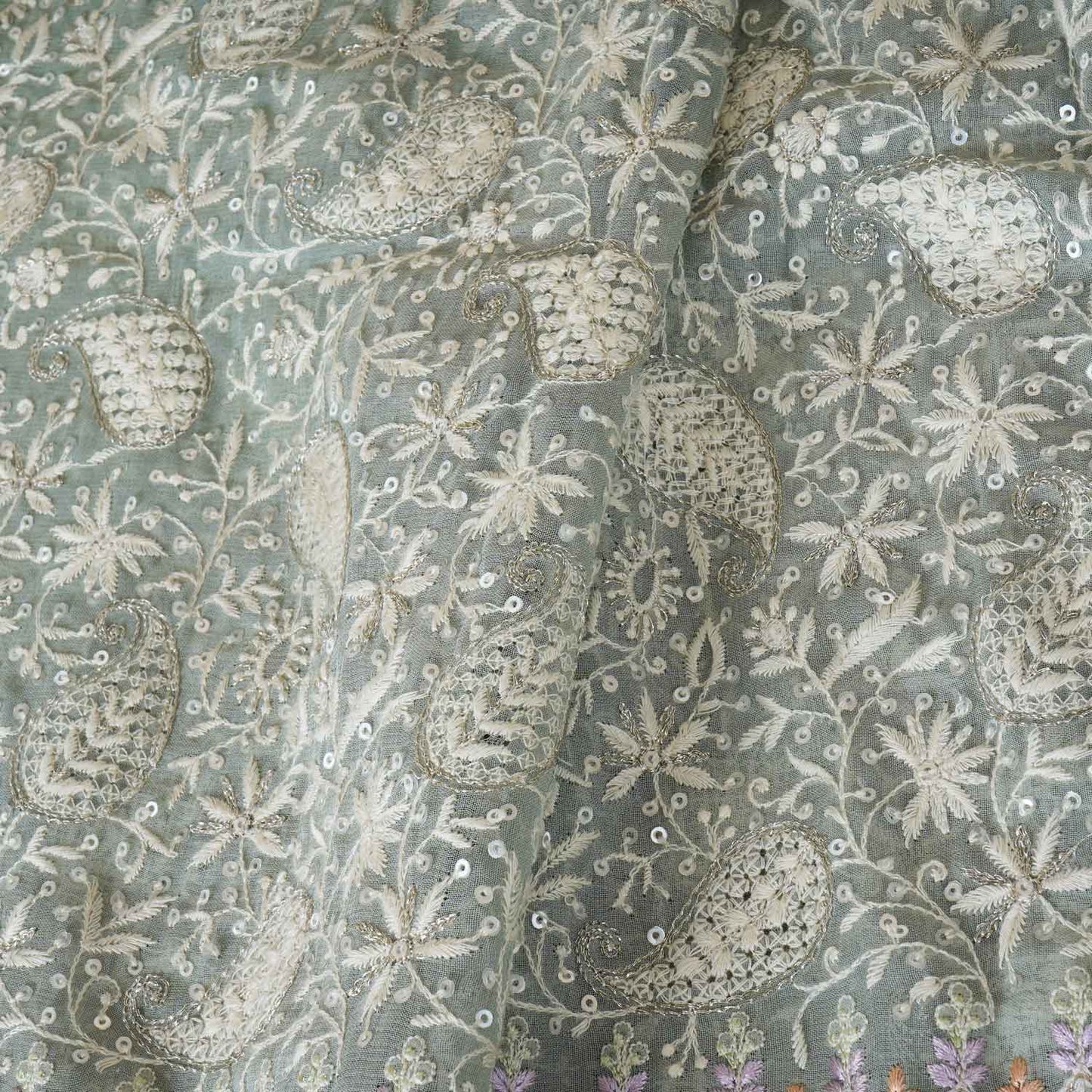 Sea Green Floral Thread Sequins Embroidery Chikankari Georgette Fabric DRAJ-28281