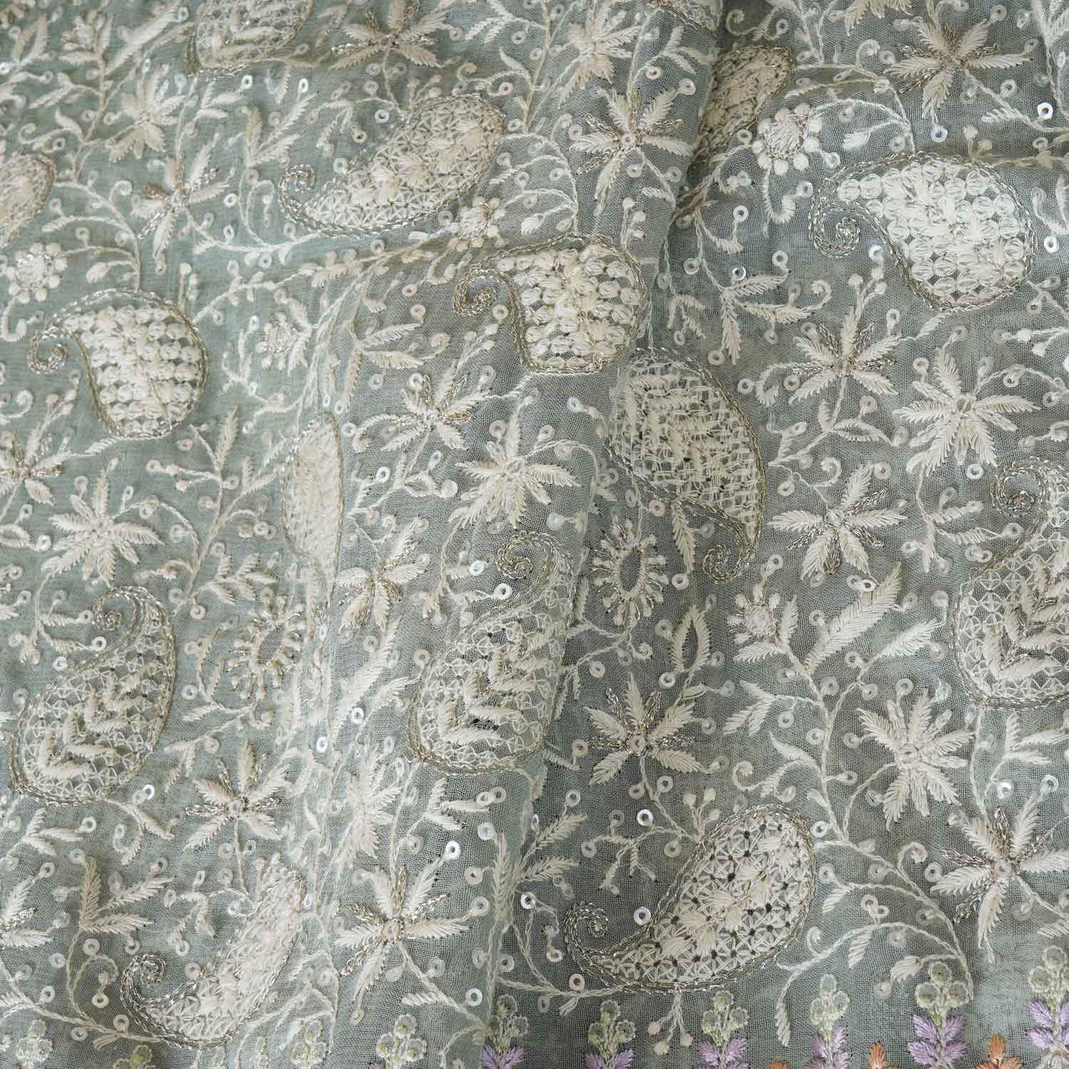 Sea Green Floral Thread Sequins Embroidery Chikankari Georgette Fabric DR-28281 - TradeUNO