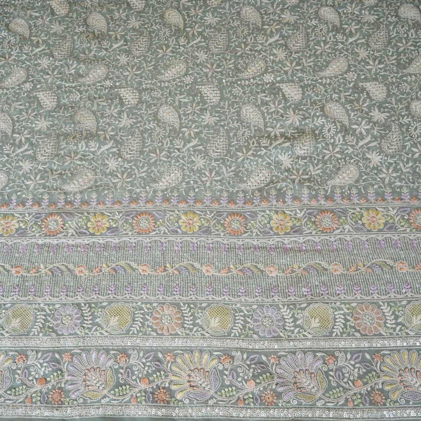 Sea Green Floral Thread Sequins Embroidery Chikankari Georgette Fabric DRAJ-28281