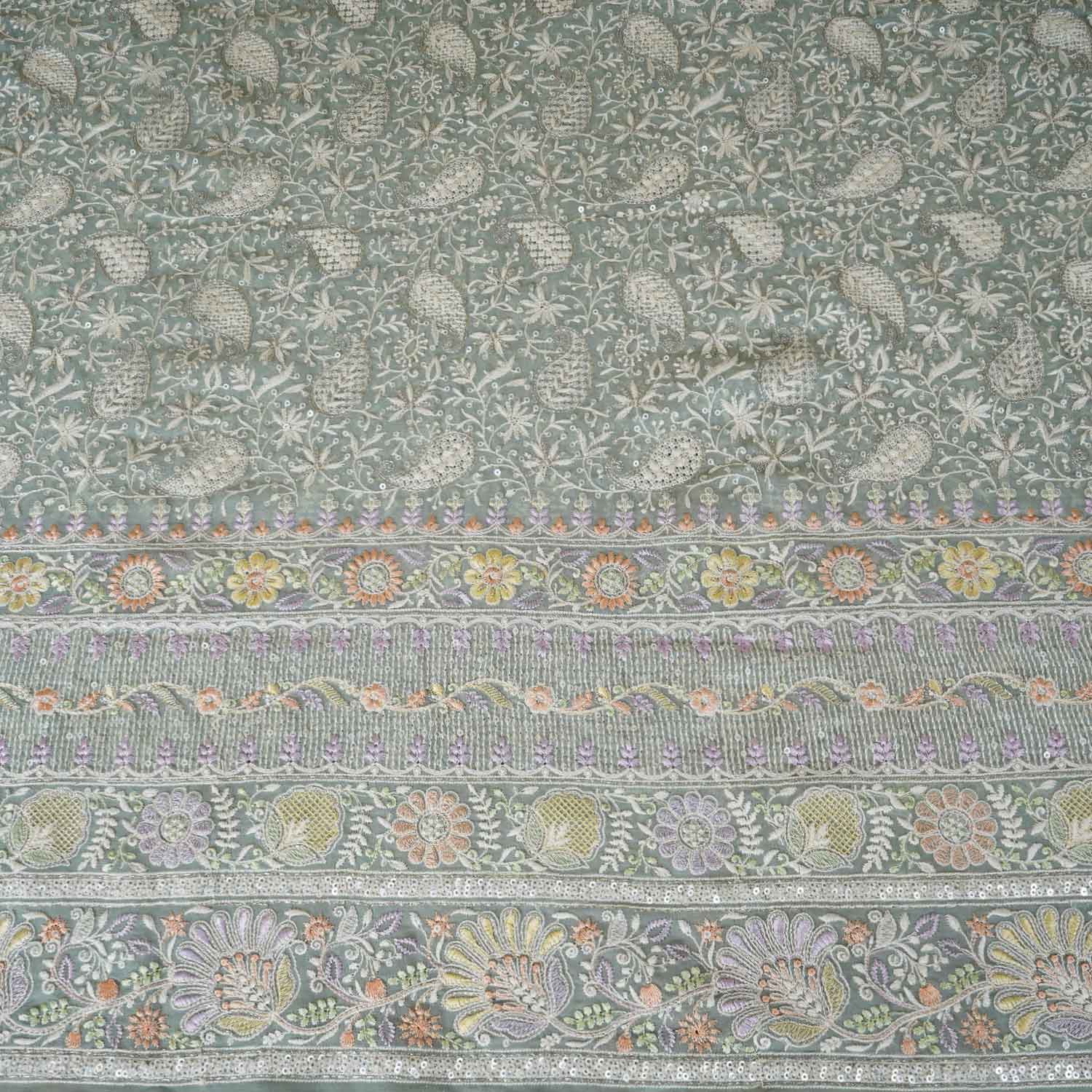 Sea Green Floral Thread Sequins Embroidery Chikankari Georgette Fabric DR-28281 - TradeUNO