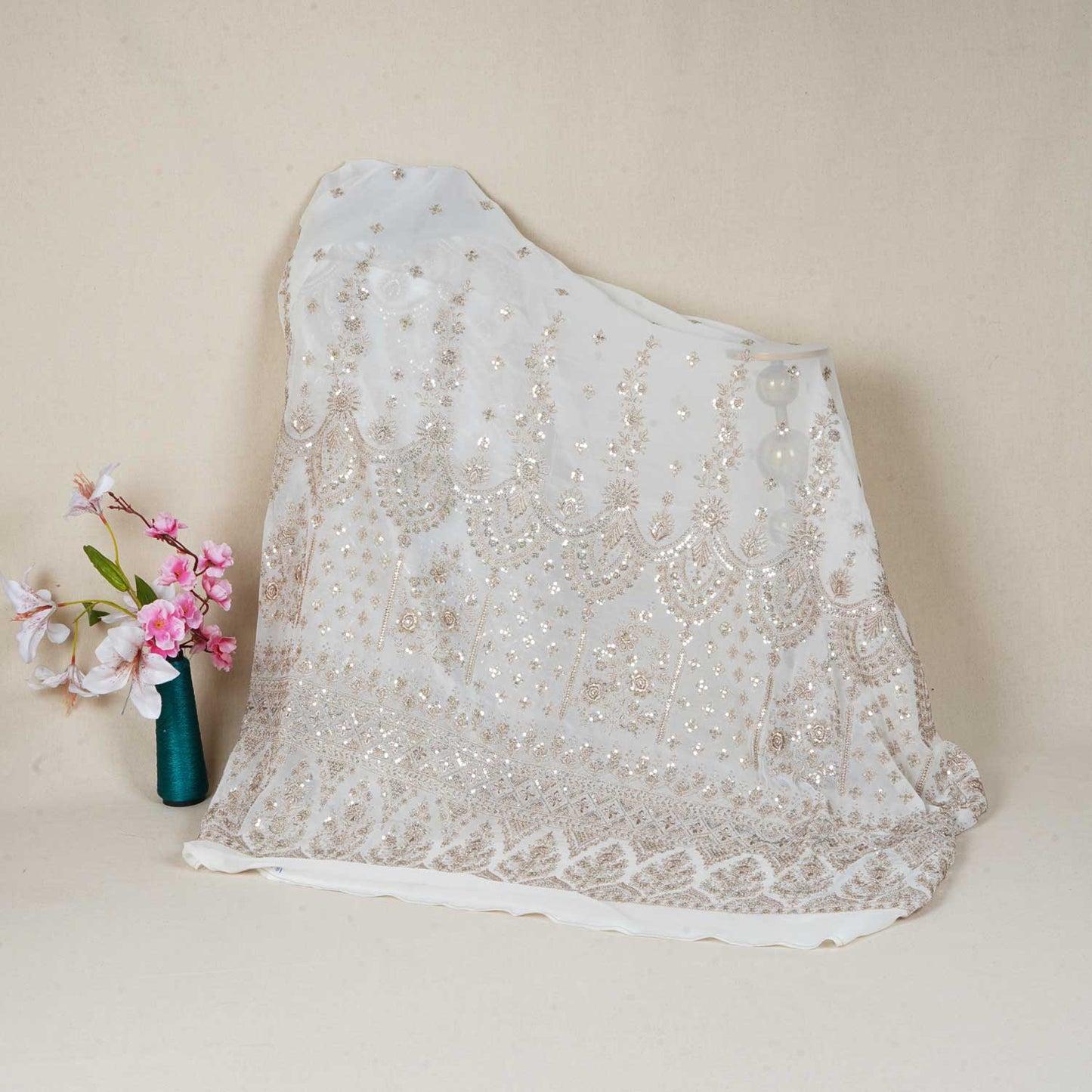 White Dyeable Zari Sequins Gerogette Fabric RA-28182