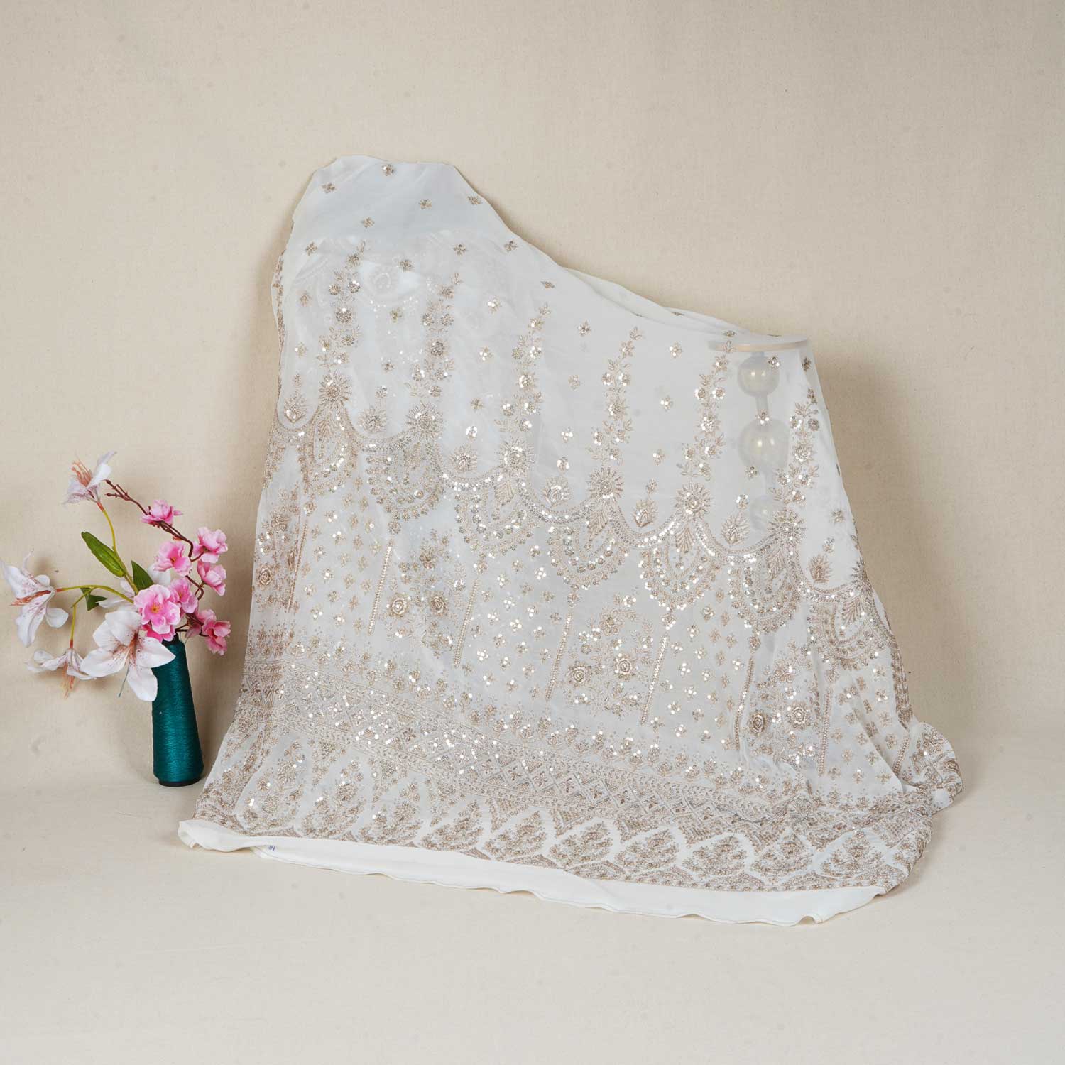 White Dyeable Zari Sequins Gerogette Fabric RA-28182 - TradeUNO