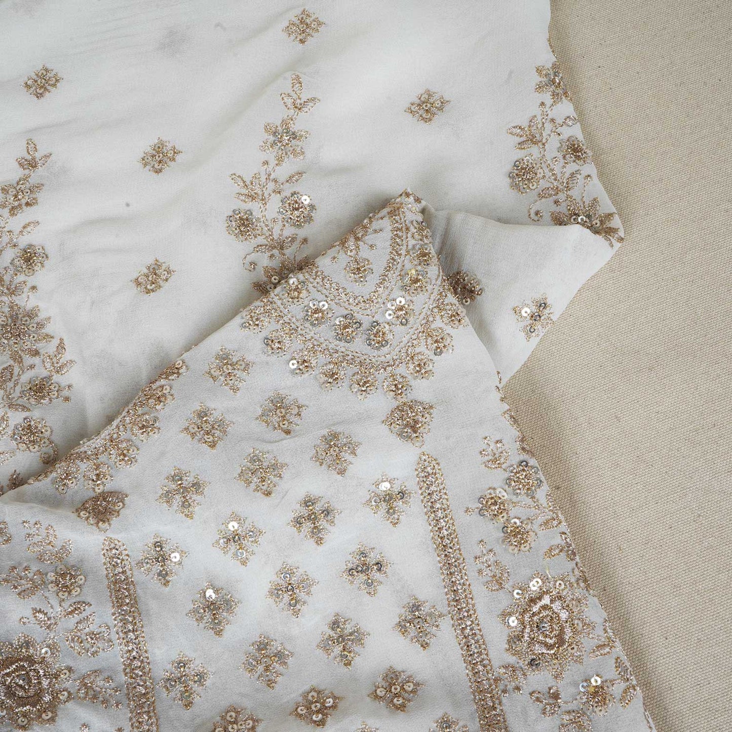 White Dyeable Zari Sequins Gerogette Fabric RA-28182