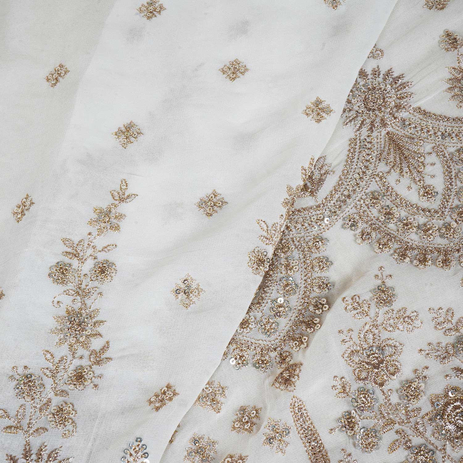 White Dyeable Zari Sequins Gerogette Fabric RA-28182 - TradeUNO