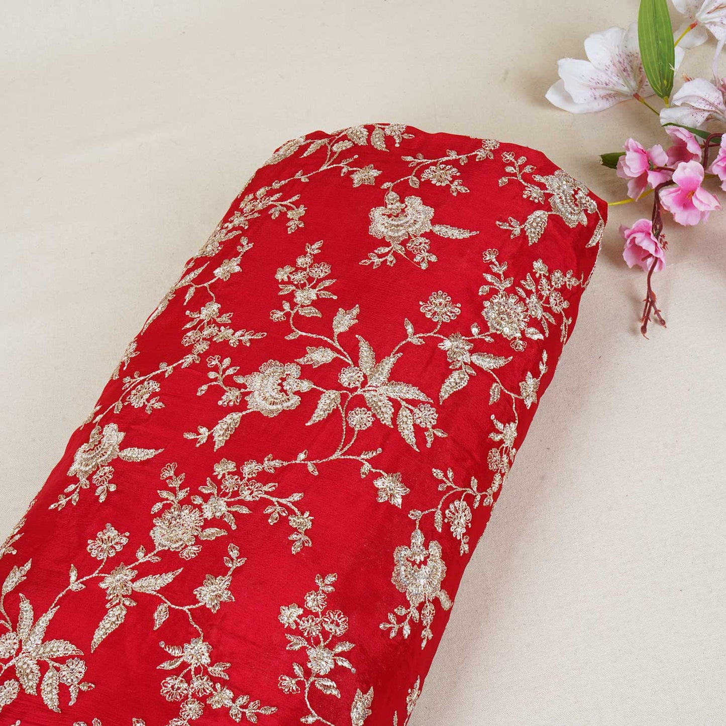 Red Zari Embroidery Chinnon Fabric RA-28183