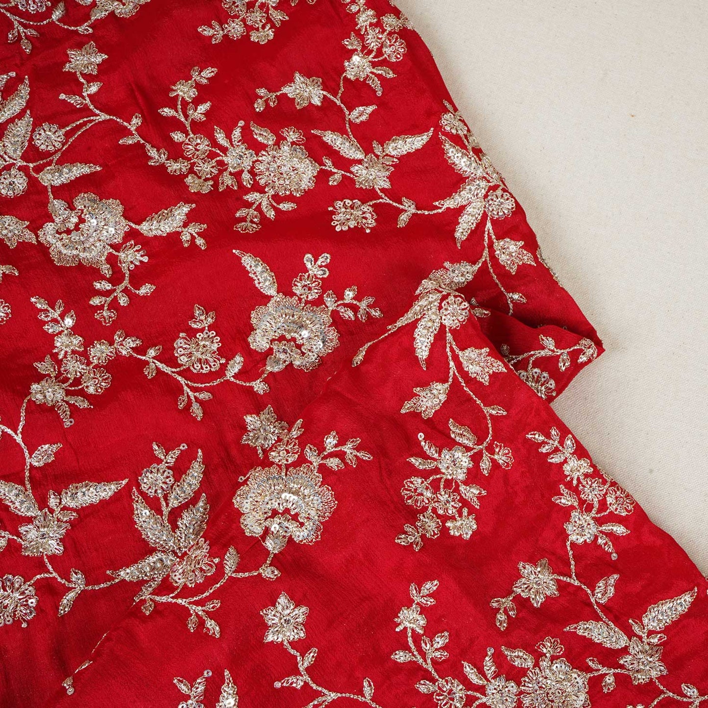 Red Zari Embroidery Chinnon Fabric RA-28183