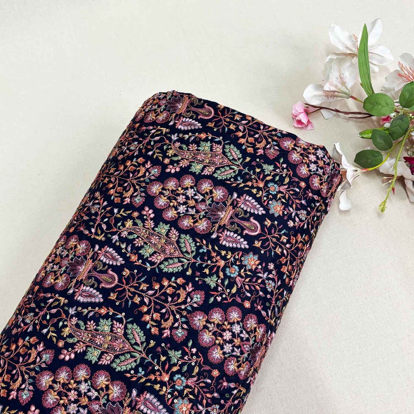 Navy Blue Floral Embroidery Tusser Silk Fabric DRAJ-28184