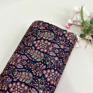 Navy Blue Floral Embroidery Tusser Silk Fabric DR-28184 - TradeUNO